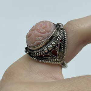 Vintage Pink Carved Stone Cab Flowers Bali Design Sterling Silver SIZE 5.25 Ring